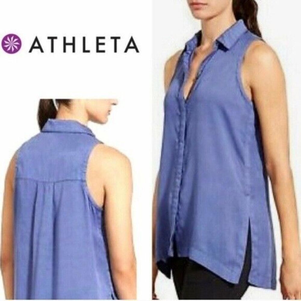 Athleta Womens Tasmoo Blue Button Down Tencel‎ Lyocell Collared Tank Top Size XS